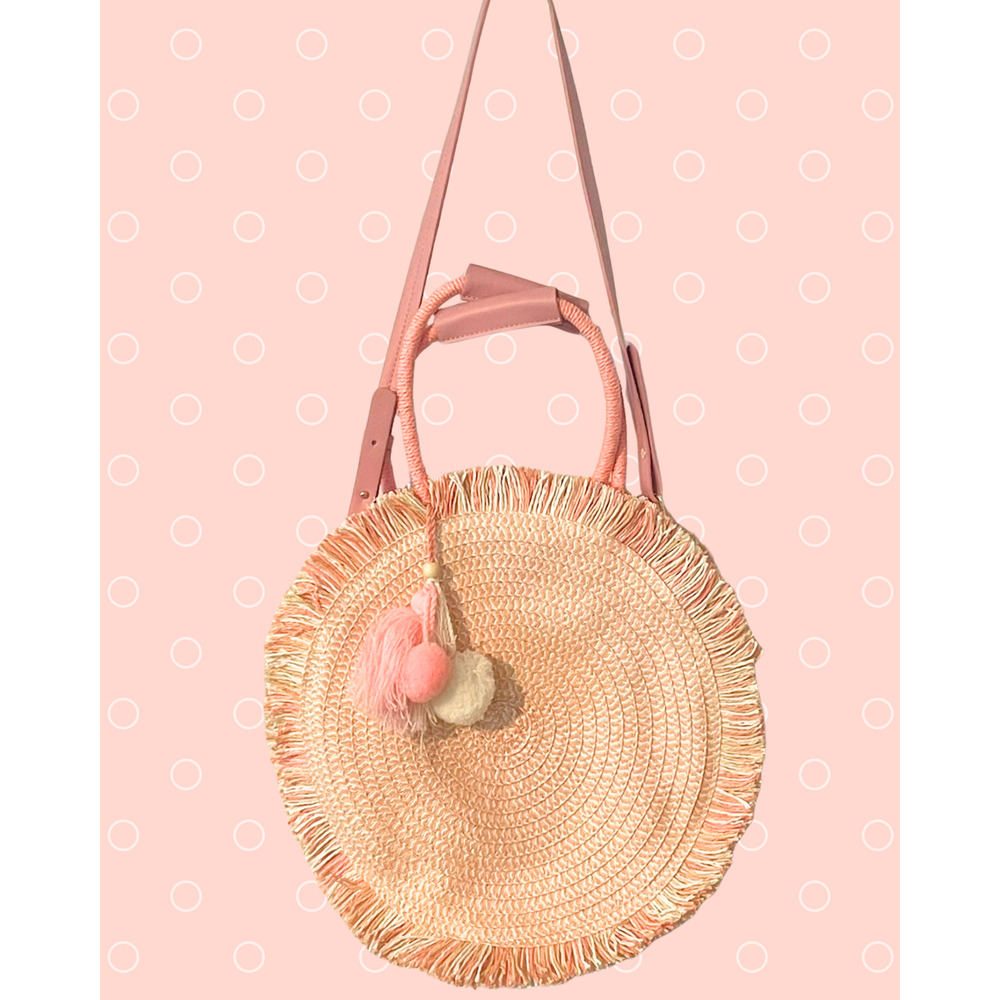 Most Wanted 14" Circle Purse w/Shoulder Strap & Handles Pink Straw Beachy Boho